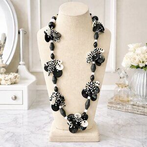 La Bella Fiona Black & White Animal Print Button Statement Necklace 30” Handmade
